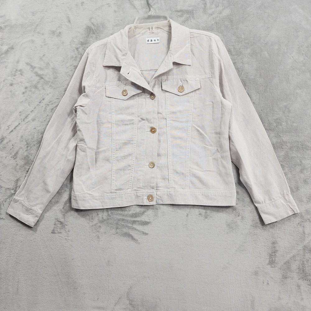 Dā·sh Jacket Womens S Beige Linen Rayon Striped Button Front Short Twill Casual